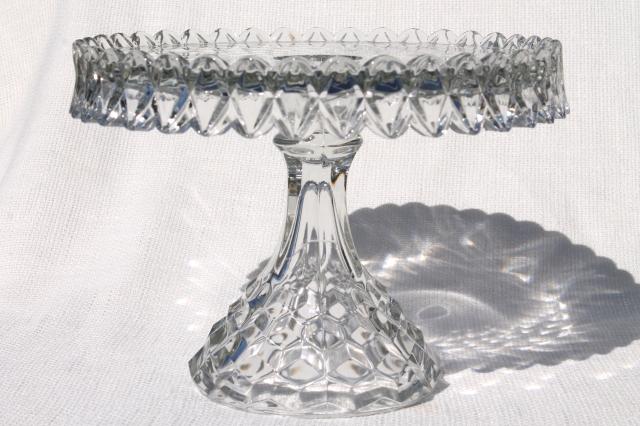 vintage Fostoria American round cake stand w/ brandy well, crystal clear glass