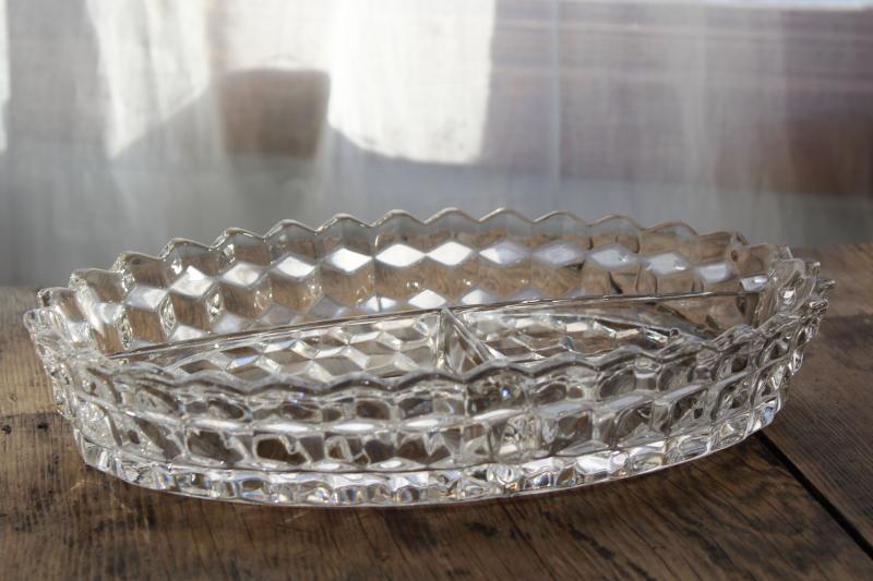 vintage Fostoria American three part divided bowl or relish dish, crystal clear pressed glass