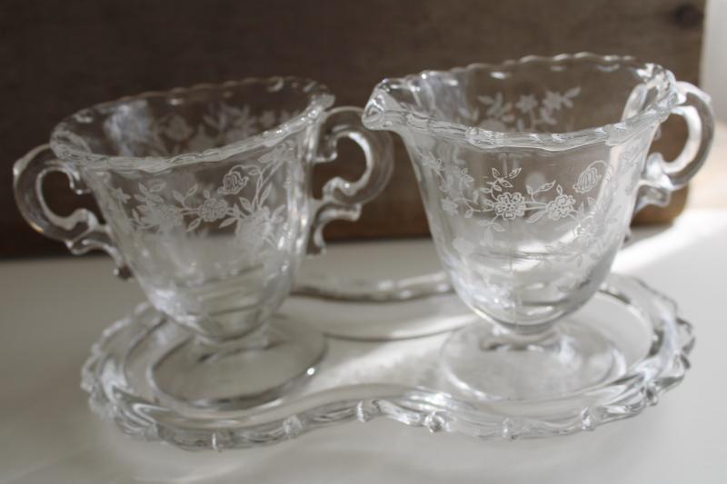 vintage Fostoria Century Bouquet pattern etched glass mini cream & sugar w/ tray