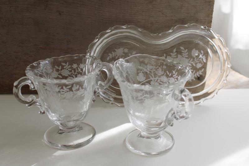 vintage Fostoria Century Bouquet pattern etched glass mini cream & sugar w/ tray