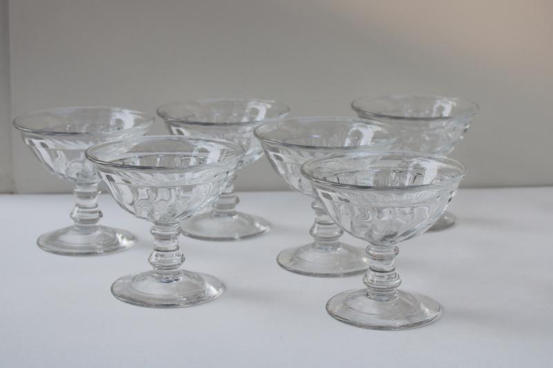 vintage Fostoria Colony pattern coupe champagne glasses, low saucer shape champagnes
