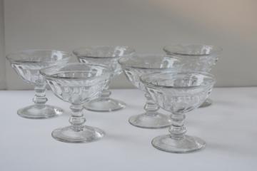 vintage Fostoria Colony pattern coupe champagne glasses, low saucer shape champagnes