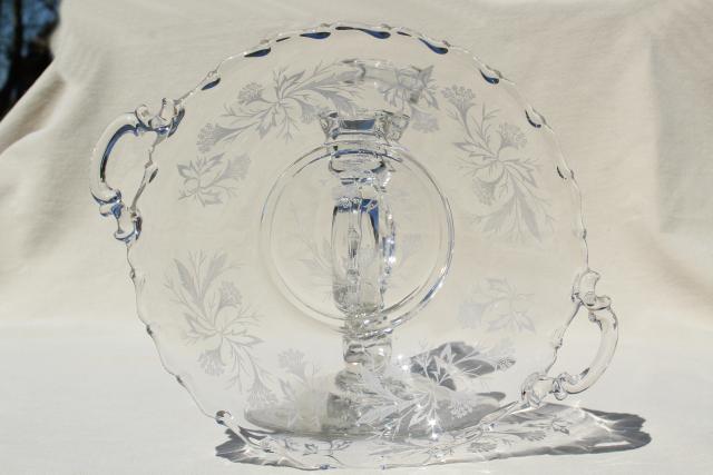 vintage Fostoria Heather etched glass console bowl & pair branched candlesticks