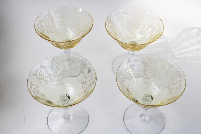 vintage Fostoria Versailles champagne glasses, etched topaz yellow glass bowl w/ clear stem