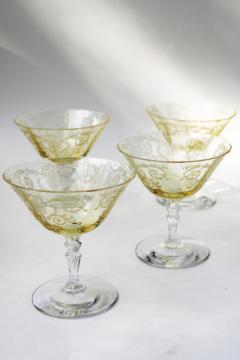 vintage Fostoria Versailles champagne glasses, etched topaz yellow glass bowl w/ clear stem
