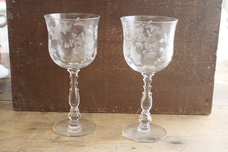 vintage Fostoria Willowmere roses etch crystal water glasses large wine goblets