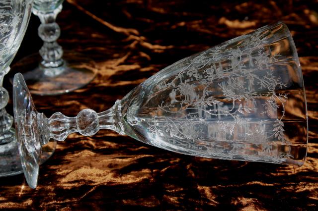 vintage Fostoria chintz floral etch glass, low stem goblet water glasses