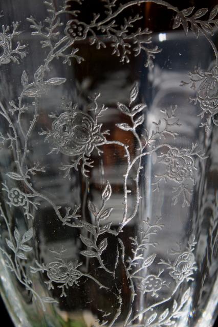 vintage Fostoria chintz floral etch glass, low stem goblet water glasses