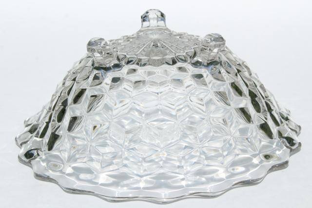 vintage Fostoria cube pattern glass salad / serving bowl, large three toed footed bowl