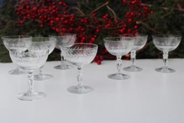 vintage Fostoria holly cut champagne glasses or large cocktails, crystal clear glass