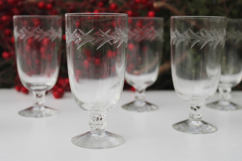 vintage Fostoria holly cut juice glasses, crystal clear glass stemware, footed tumblers