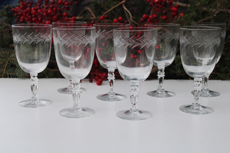 vintage Fostoria holly cut juice glasses, crystal clear glass stemware, footed tumblers