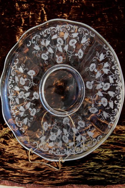 vintage Fostoria morning glory etch glass torte plate, cake plate w/ etched morning glories