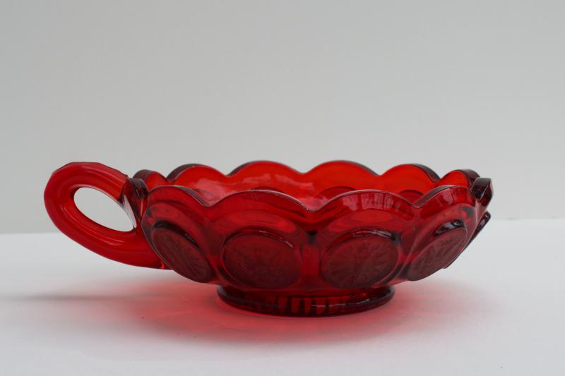 vintage Fostoria ruby red coin glass bowl or candy dish, nappy w/ handle