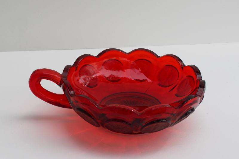 vintage Fostoria ruby red coin glass bowl or candy dish, nappy w/ handle