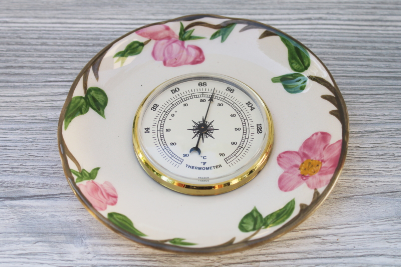 vintage Franciscan Desert Rose wall hanging plate w/ small thermometer, works!