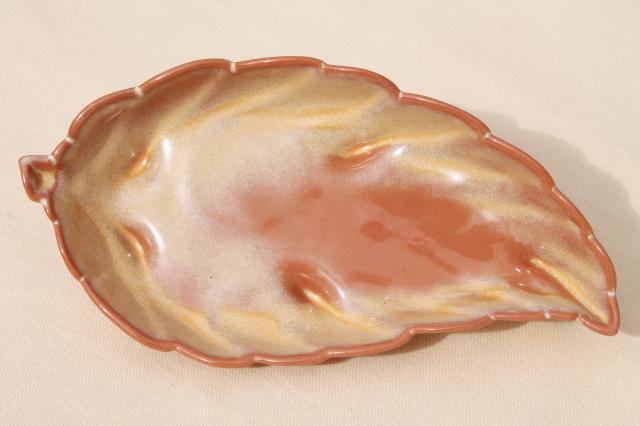 vintage Frankoma pottery leaf shaped dish, desert gold red brown clay
