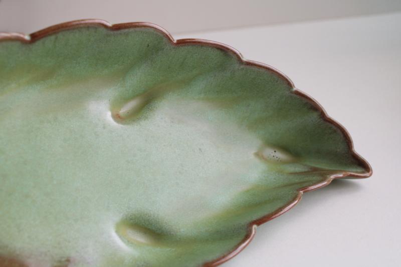 vintage Frankoma pottery, leaf shaped dish in prairie green / brown glaze