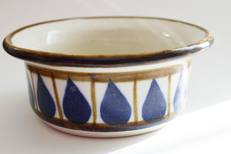 vintage Fred Evangel New Mexico pottery, stoneware bowl blue raindrop pattern brown band