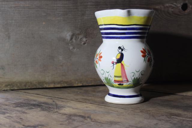 vintage French Quimper pottery pitcher or milk jug, hand painted Breton lady