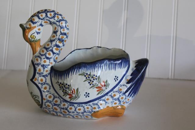 vintage French Quimper pottery swan or goose, large bird hand painted Breton man pattern