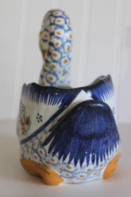 vintage French Quimper pottery swan or goose, large bird hand painted Breton man pattern