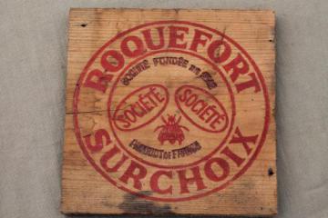 vintage French Roquefort cheese box, wood packing crate sign board