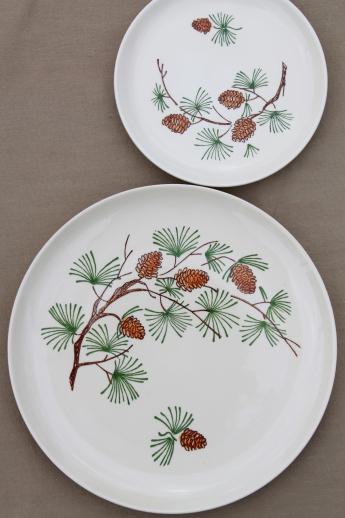 vintage French Saxon china pine cone pattern dishes w/ pine branches & pinecones