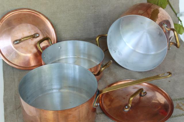 vintage French copper cookware, stockpot, sauce pan w/ lid, brass handles
