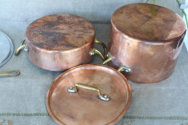 vintage French copper cookware, stockpot, sauce pan w/ lid, brass handles