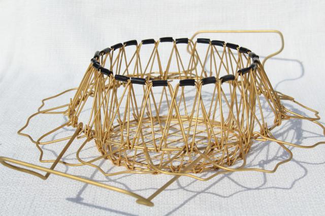 vintage French kitchen colander steamer basket, folding collapsible wire basket
