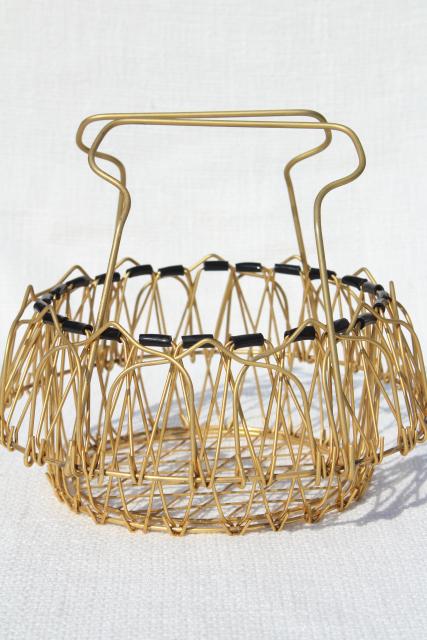 vintage French kitchen colander steamer basket, folding collapsible wire basket