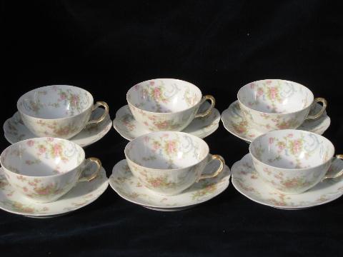 vintage French porcelain cups & saucers, old pink floral Haviland - Limoges china