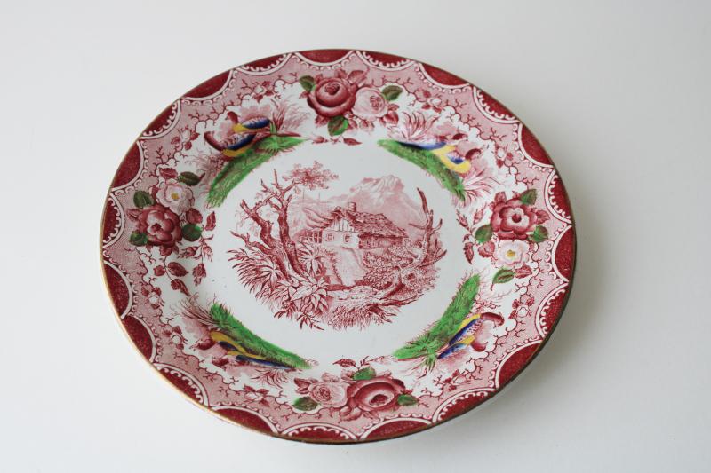 vintage French transferware plate, country cottage w/ flowers, Portieux Vallerysthal