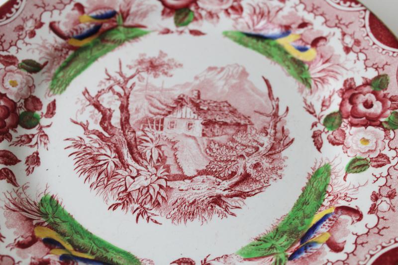 vintage French transferware plate, country cottage w/ flowers, Portieux Vallerysthal