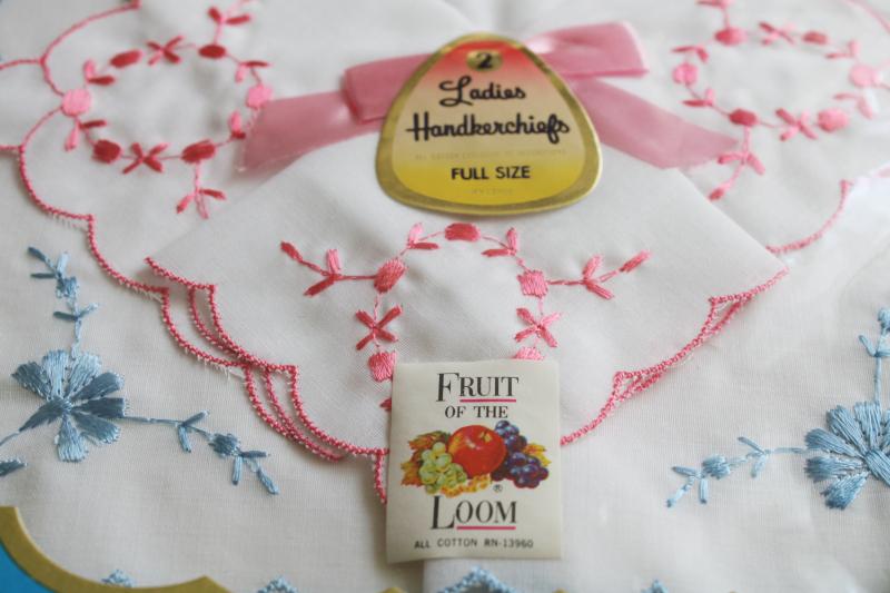 vintage Fruit of the Loom embroidered cotton hankies, ladies handkerchiefs in original box