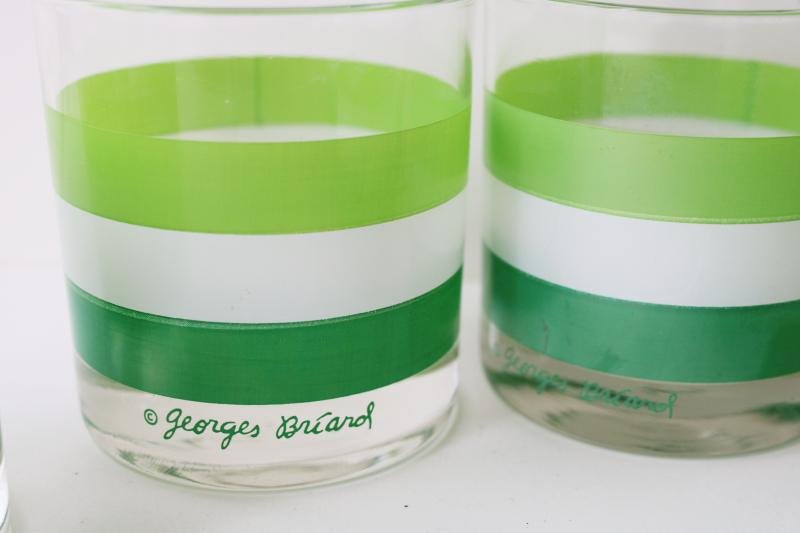 vintage Georges Briard Cabana green stripes old fashioned tumblers, lowballs drinking glasses