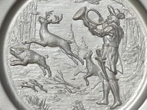 vintage German pewter plate w/ hunter, stag deer wild boar hunting scene