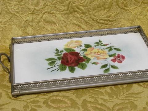 vintage German stencil roses painted tray, nickel silver gallery frame
