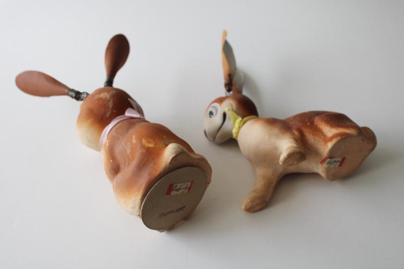 vintage Germany paper mache Easter bunnies, Uncle Wiggly silly rabbits w/ bouncy ears