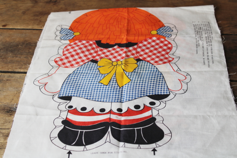 vintage Gingham Girl cut  sew print cotton fabric panel, Raggedy Ann lookalike rag doll