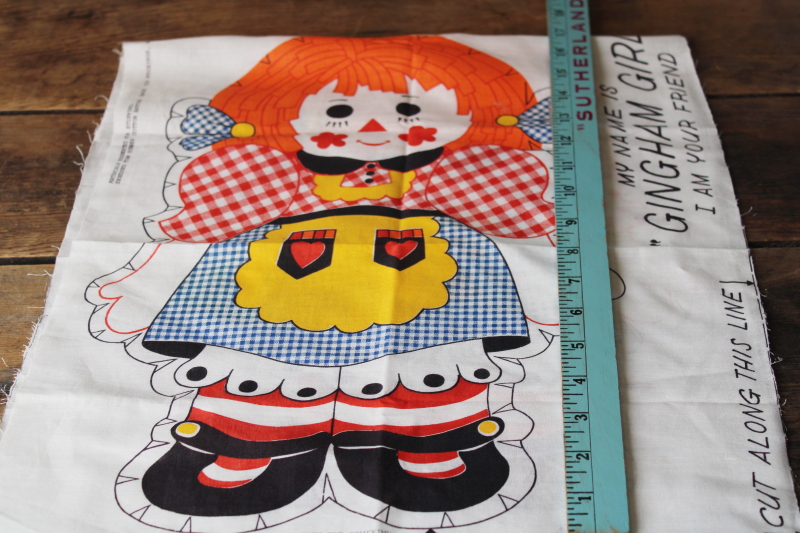 vintage Gingham Girl cut  sew print cotton fabric panel, Raggedy Ann lookalike rag doll