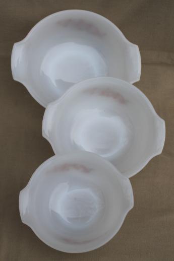 vintage Glasbake autumn leaf milk glass nesting bowls set, Hall Jewel Tea go-along 