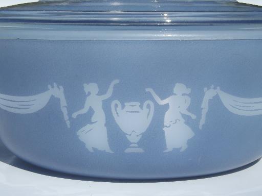 vintage Glasbake casserole, blue & white Grecian classical jasperware style