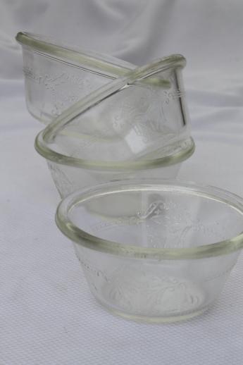 vintage Glasbake custard cups set, oven proof kitchen glass ramekins w/ embossed floral