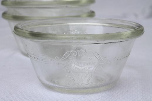 vintage Glasbake custard cups set, oven proof kitchen glass ramekins w/ embossed floral