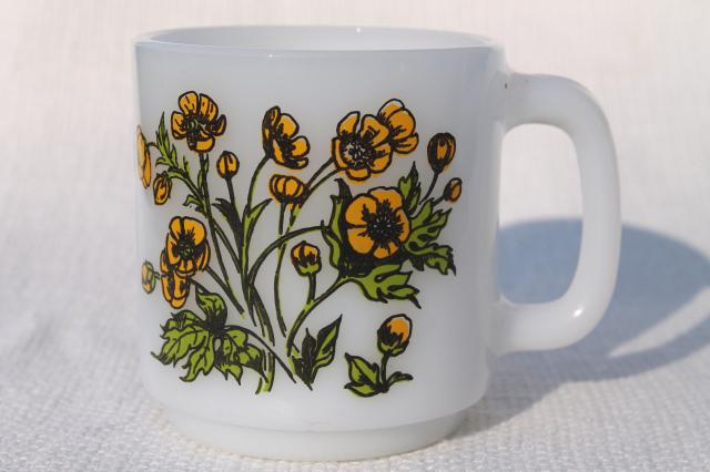 vintage Glasbake milk glass coffee mugs, Language of Flowers geraniums, morning glories, buttercups