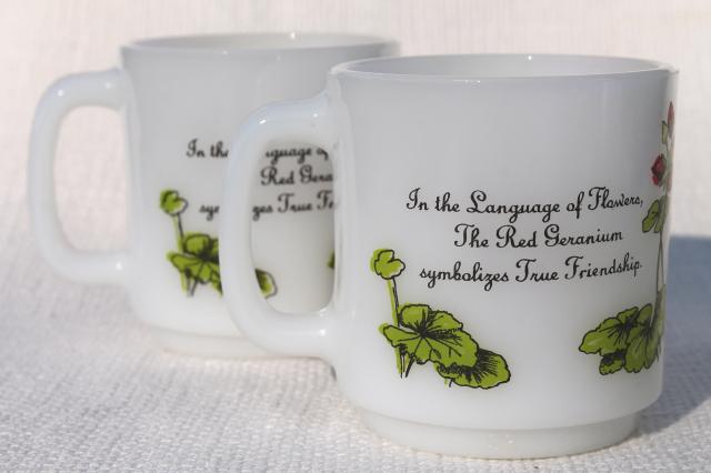 vintage Glasbake milk glass coffee mugs, Language of Flowers geraniums, morning glories, buttercups