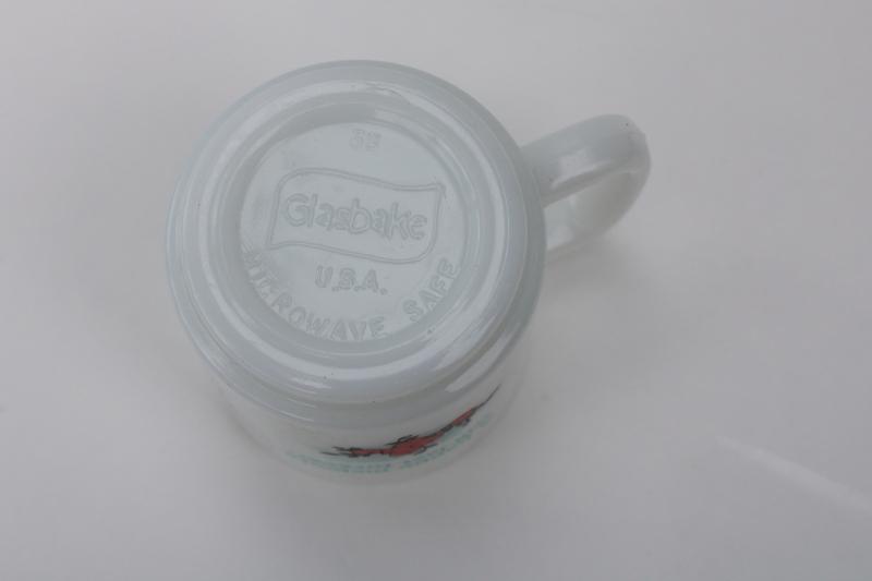 vintage Glasbake milk glass mug, A Happy Memory Will Last Forever, Holly Hobbie style