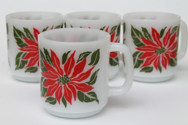 vintage Glasbake milk glass mugs, holiday Christmas poinsettias red & green